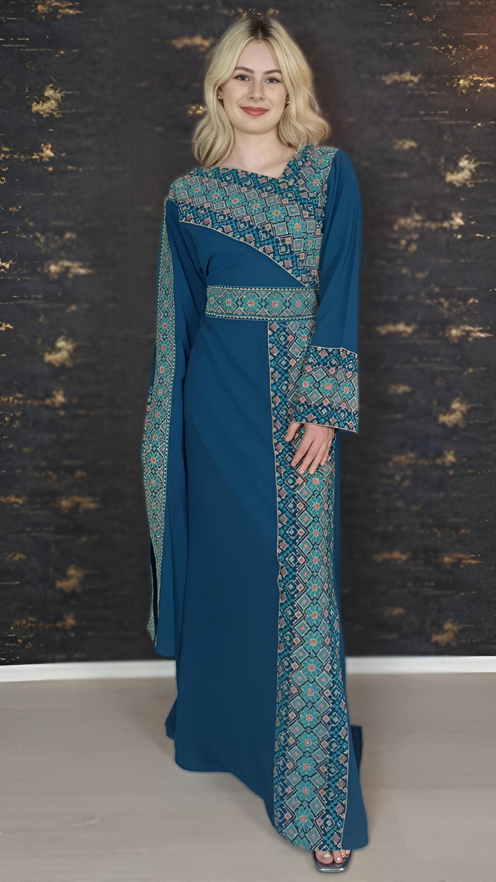 Kaftan Schaza mit Gürtel, türkis, asymmetrischer Halsausschnitt, unterschiedliche Armlängen, bunte Stickerei, Kleid für besondere Anlässe