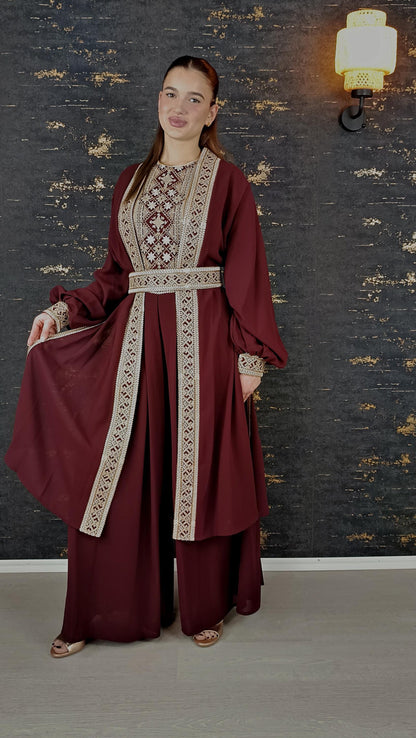 Overall Sindibad mit Abaya, weinrot, Hochzeit, Hosenanzug, Jumpsuit, Dubai Kaftan, Hennakleid, Kaftan Dress, Kaftan Frauen, Abendkleid
