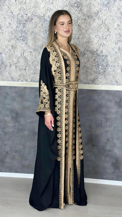 Kaftan Jasmin mit Abaya, schwarz, Butterfly Ärmel, Gold Stickerei, Verlobung, arabischer Kaftan, Jalabiya, Hennakleid, Festkleid, Takshita (etsy image id: 6196464940)