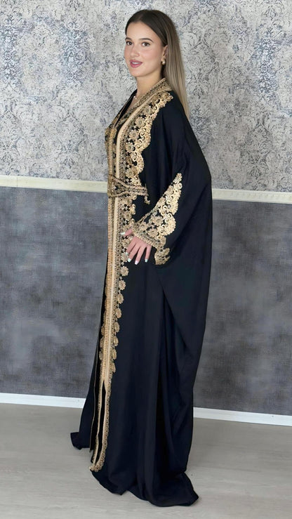 Kaftan Jasmin mit Abaya, schwarz, Butterfly Ärmel, Gold Stickerei, Verlobung, arabischer Kaftan, Jalabiya, Hennakleid, Festkleid, Takshita (etsy image id: 6196465024)