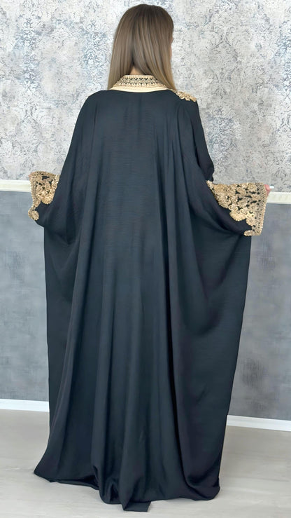 Kaftan Jasmin mit Abaya, schwarz, Butterfly Ärmel, Gold Stickerei, Verlobung, arabischer Kaftan, Jalabiya, Hennakleid, Festkleid, Takshita (etsy image id: 6196465166)