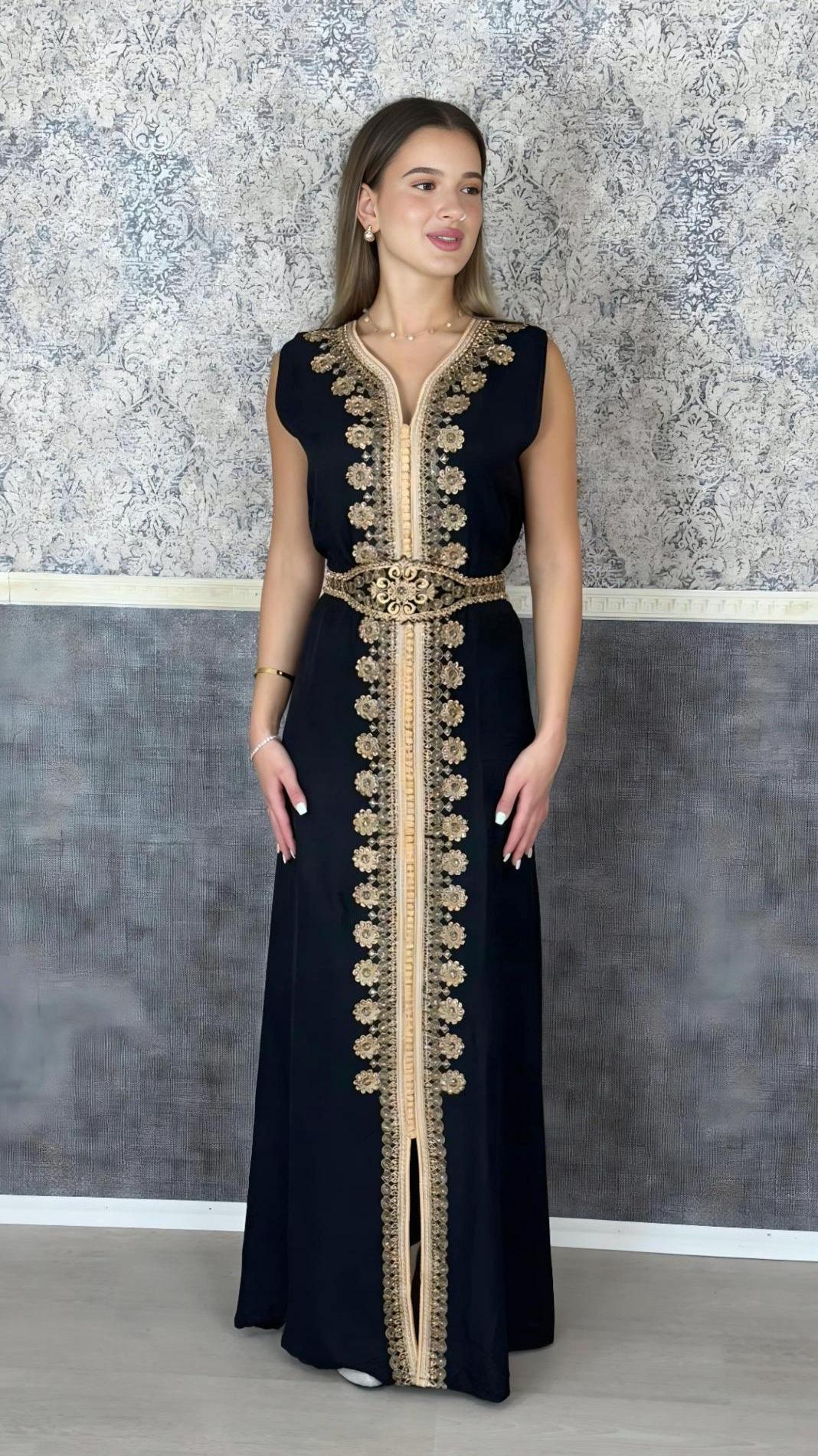 Kaftan Jasmin mit Abaya, schwarz, Butterfly Ärmel, Gold Stickerei, Verlobung, arabischer Kaftan, Jalabiya, Hennakleid, Festkleid, Takshita (etsy image id: 6196465244)