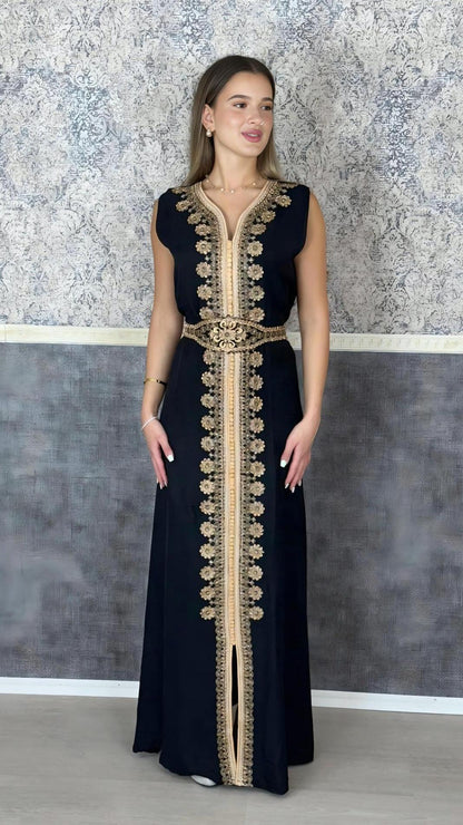 Kaftan Jasmin mit Abaya, schwarz, Butterfly Ärmel, Gold Stickerei, Verlobung, arabischer Kaftan, Jalabiya, Hennakleid, Festkleid, Takshita (etsy image id: 6196465244)