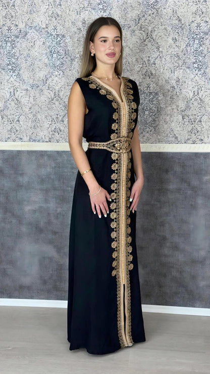 Kaftan Jasmin mit Abaya, schwarz, Butterfly Ärmel, Gold Stickerei, Verlobung, arabischer Kaftan, Jalabiya, Hennakleid, Festkleid, Takshita (etsy image id: 6196465302)