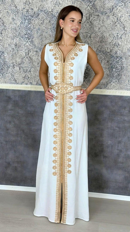 Kaftan Jasmin mit Abaya, weiß, Butterfly Ärmel, Gold Stickerei, Hochzeit, arabischer Kaftan, Jalabiya, Hennakleid, Festkleid, Takshita (etsy image id: 6196886222)