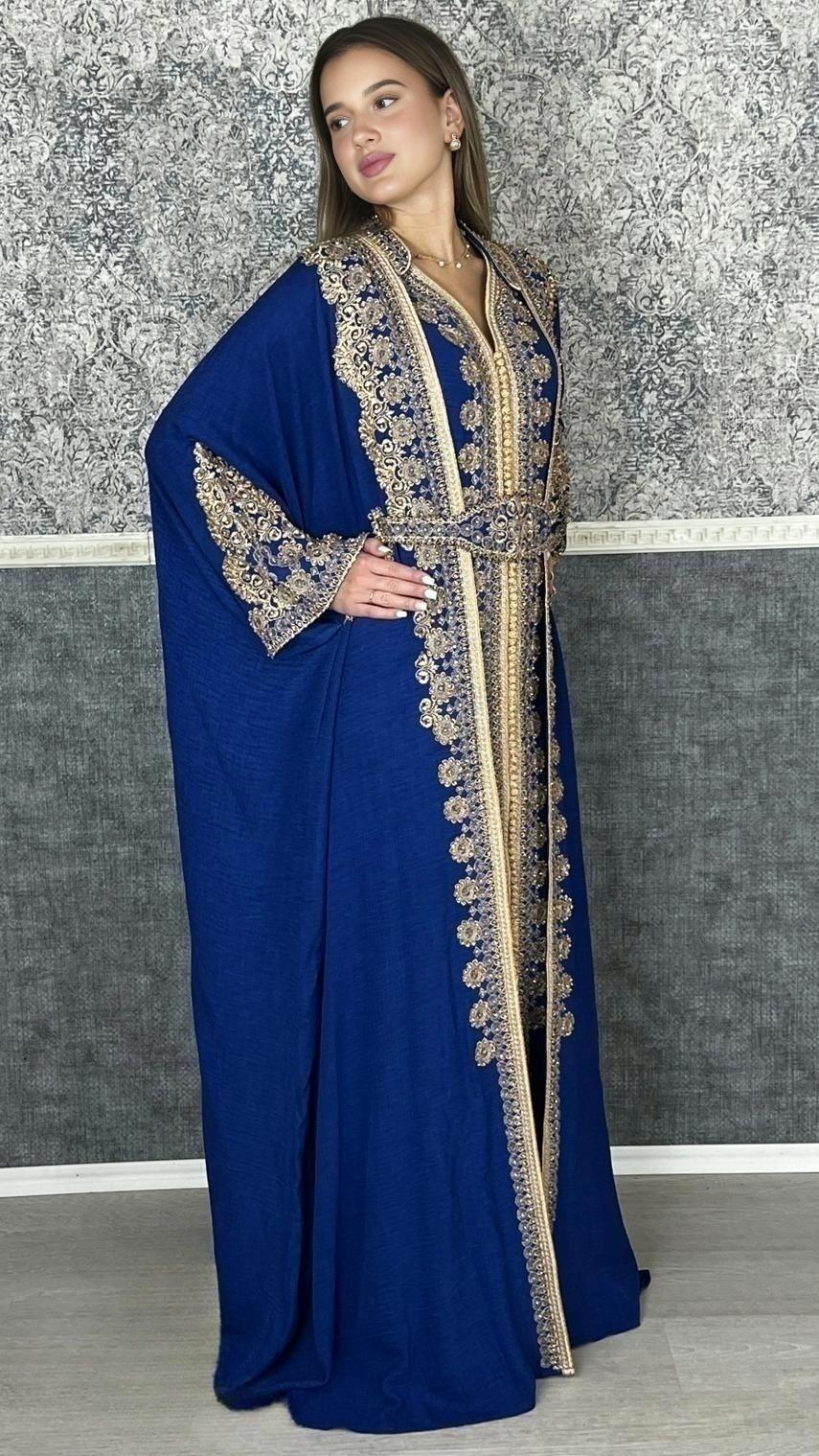 Kaftan Jasmin mit Abaya, royalblau, Butterfly Ärmel, Gold Stickerei, Verlobung, arabischer Kaftan, Jalabiya, Hennakleid, Festkleid, Takshita (etsy image id: 6197275552)