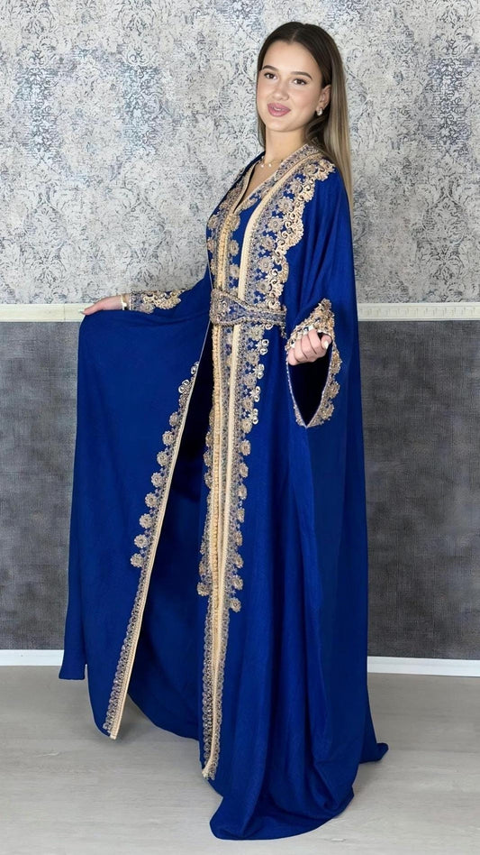 Kaftan Jasmin mit Abaya, royalblau, Butterfly Ärmel, Gold Stickerei, Verlobung, arabischer Kaftan, Jalabiya, Hennakleid, Festkleid, Takshita (etsy image id: 6199568806)