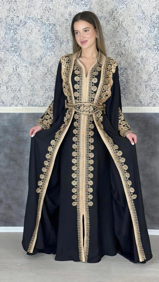 Kaftan Jasmin mit Abaya, schwarz, Butterfly Ärmel, Gold Stickerei, Verlobung, arabischer Kaftan, Jalabiya, Hennakleid, Festkleid, Takshita (etsy image id: 6199572754)