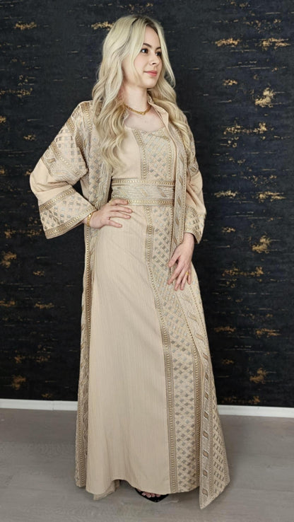 Hanien Kaftan, beige, gold/silber Stickerei, Kaftan Frauen, Abendkleid, Hochzeit, arabischer Kaftan, Takshita, Hennakleid, Abaya, Jalabiya (etsy image id: 6620754874)
