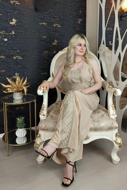 Hanien Kaftan, beige, gold/silber Stickerei, Kaftan Frauen, Abendkleid, Hochzeit, arabischer Kaftan, Takshita, Hennakleid, Abaya, Jalabiya (etsy image id: 6620755182)