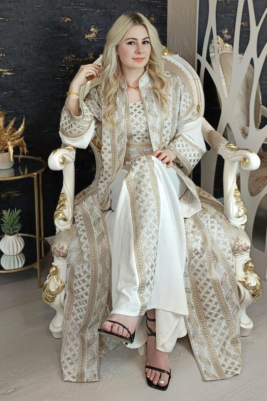 Bestickter Kaftan, Hanien Weiß, Kaftan Frauen, Abendkleid, Hochzeit, marokkanischer Kaftan, arabischer Kaftan, Takshita, Henna Kleid, Abaya (etsy image id: 6629604222)
