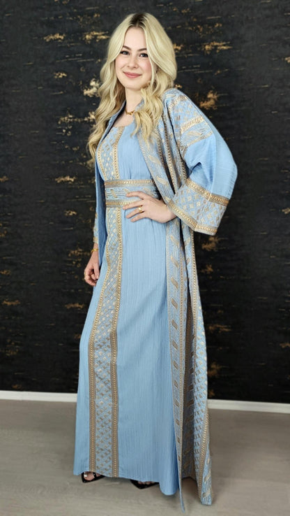 bestickter Kaftan, Hanien hellblau, Kaftan Frauen, Abendkleid, Hochzeit, marokkanische Kaftan, arabische Kaftan, Takshita, Hennakleid, Abaya (etsy image id: 6653376407)