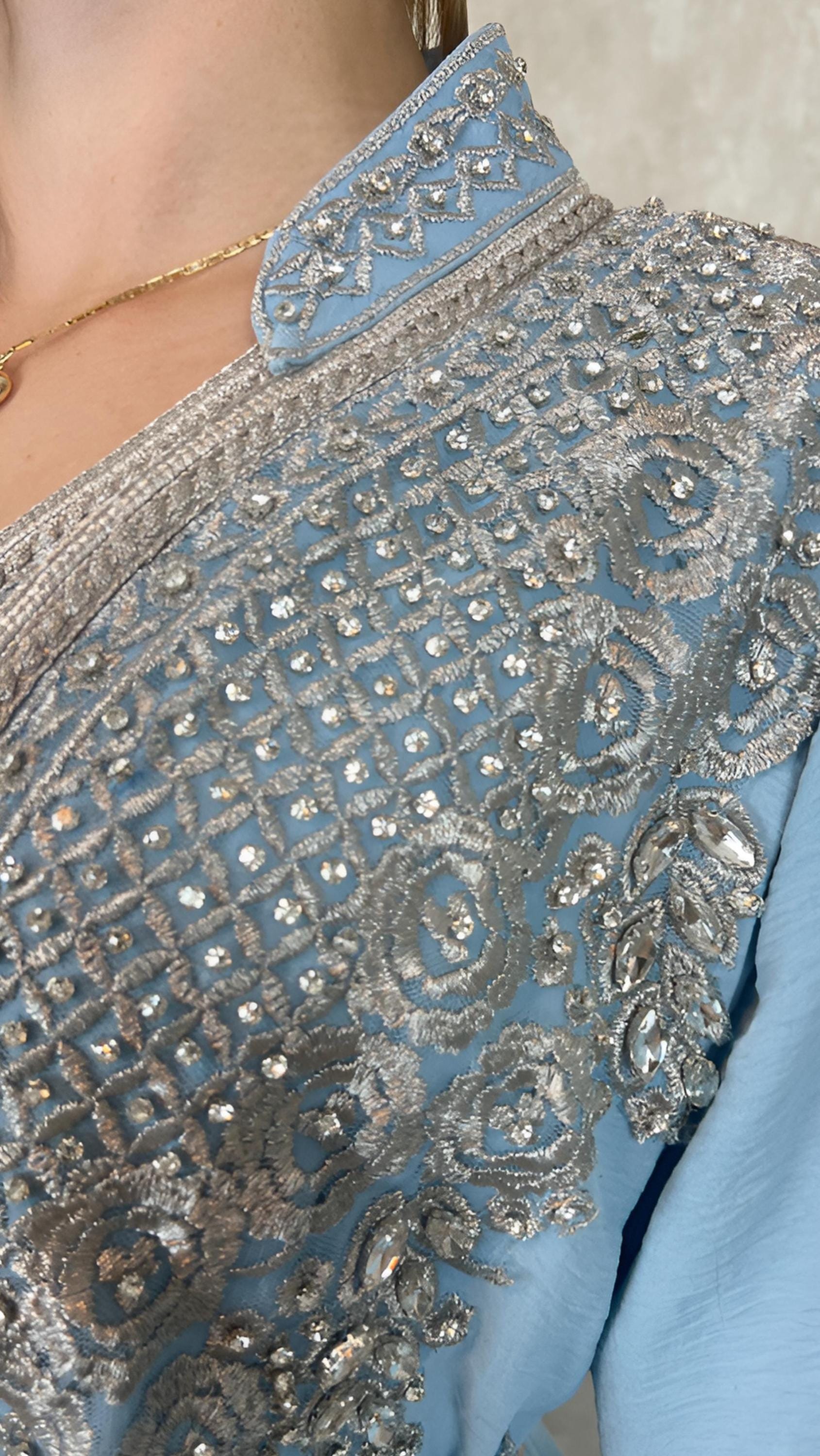 Hellblau Marokkanischer Kaftan mit Silberner Stickerei, 2-teilig mit Gürtel, Elegantes Hochzeitskleid, Luxus Takchita Classica (etsy image id: 7444993303)