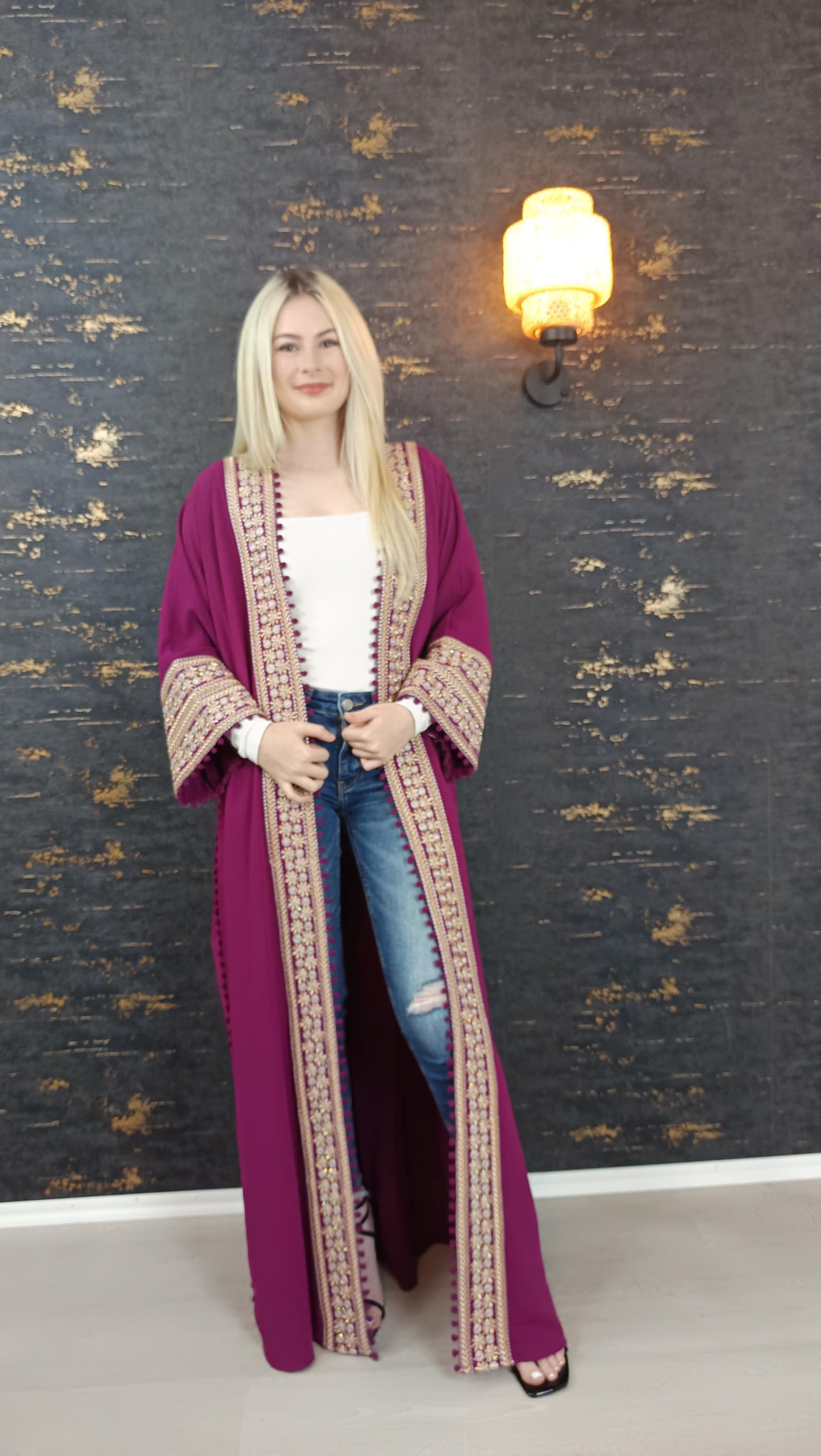 Bisht kleine Blume, Magenta, mit Stickerei in Gold/Silber, Ramadan Abaya, Kaftan Frauen, Hennakleid, Kimono __etsy:7650556418