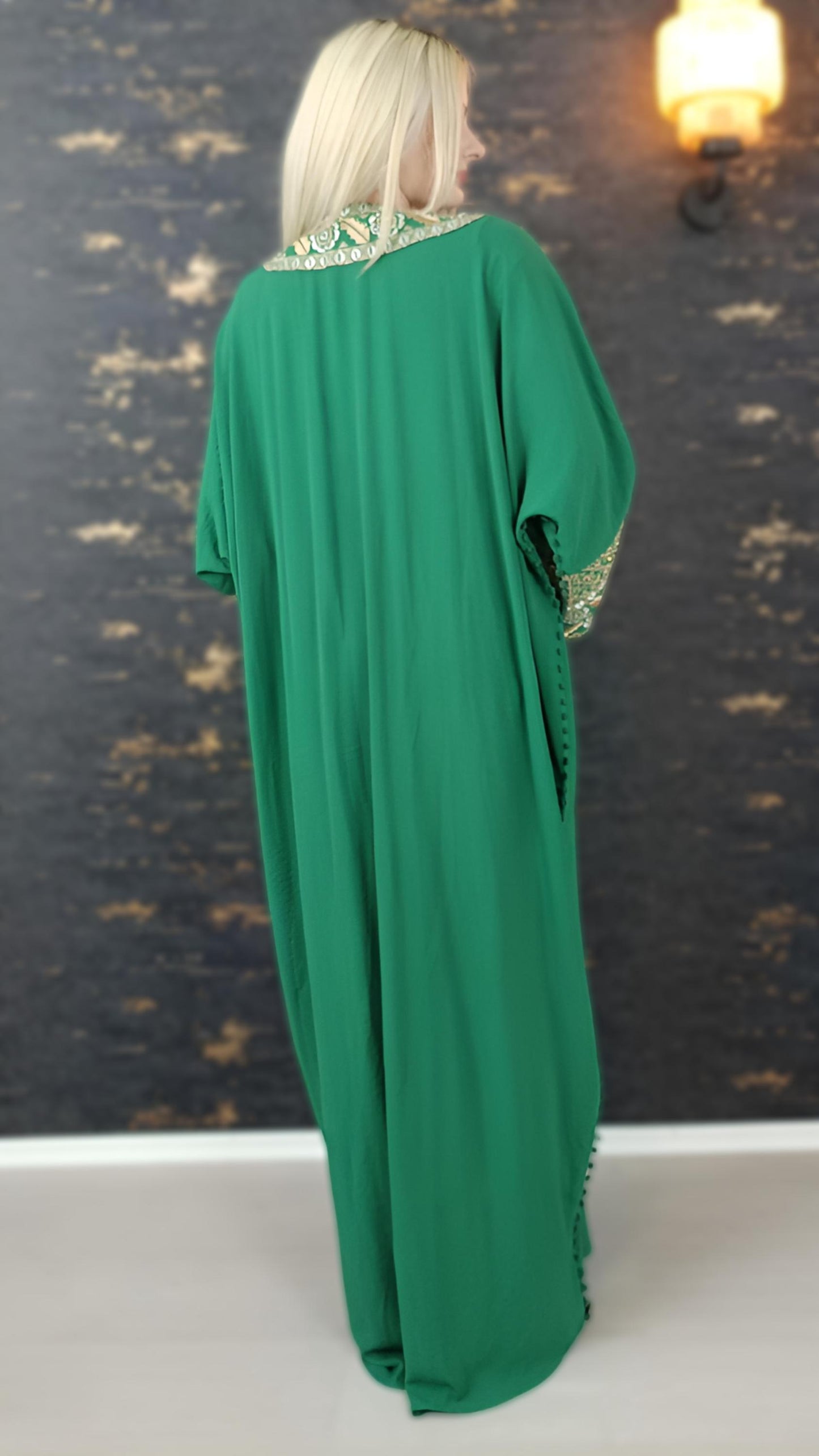 Bisht große Blume, grün, mit Stickerei in Gold/Silber, Ramadan Abaya, Kaftan Frauen, Hennakleid, Kimono __etsy:7671729260