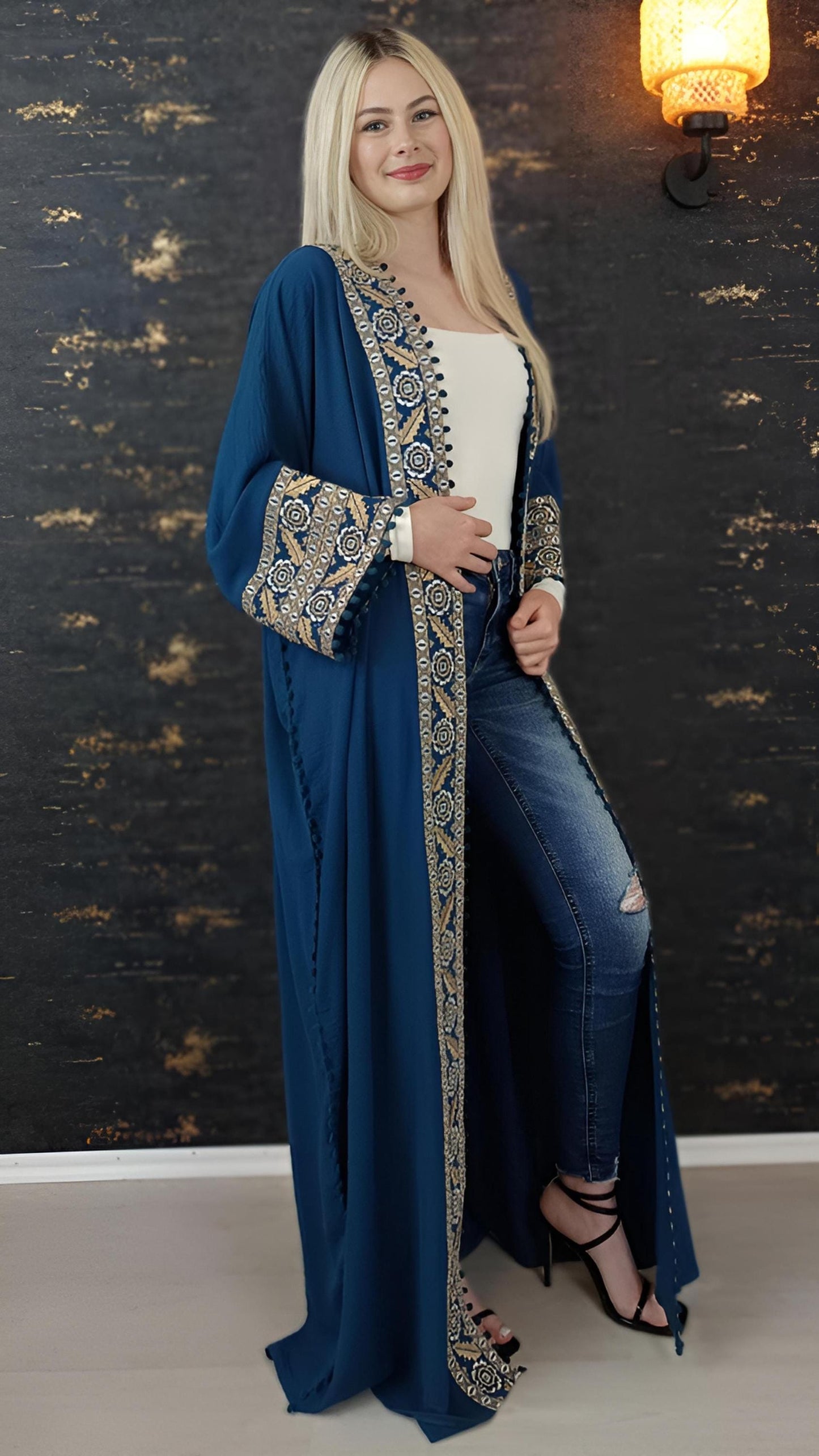Bisht große Blume, petrol, mit Stickerei in Gold/Silber, Ramadan Abaya, Kaftan Frauen, Hennakleid, Kimono __etsy:7671880866