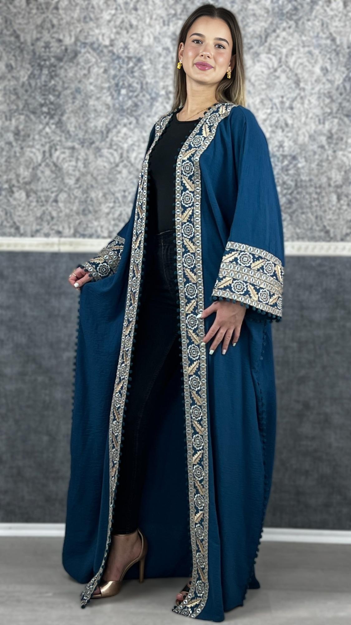 Bisht große Blume, petrol, mit Stickerei in Gold/Silber, Ramadan Abaya, Kaftan Frauen, Hennakleid, Kimono __etsy:7671880982
