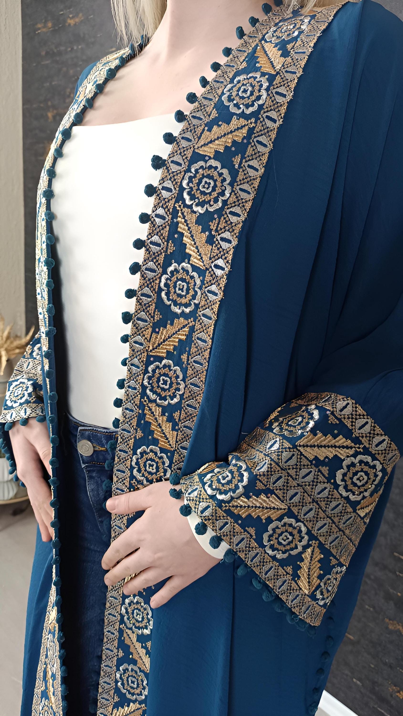 Bisht große Blume, petrol, mit Stickerei in Gold/Silber, Ramadan Abaya, Kaftan Frauen, Hennakleid, Kimono __etsy:7671881464