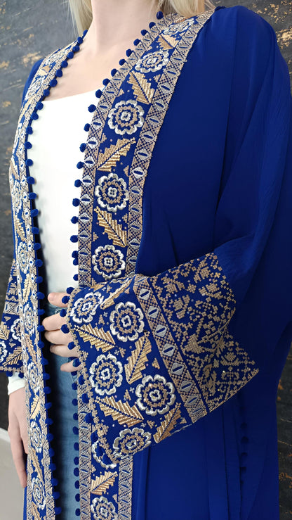 Bisht große Blume, royalblau, mit Stickerei in Gold/Silber, Ramadan Abaya, Kaftan Frauen, Hennakleid, Kimono (etsy image id: 7675750192)
