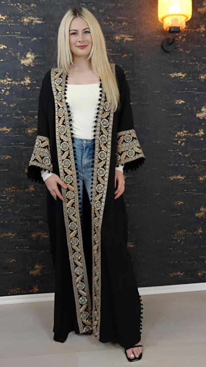Bisht große Blume, schwarz, mit Stickerei in Gold/Silber, Ramadan Abaya, Kaftan Frauen, Hennakleid, Kimono (etsy image id: 7675763130)
