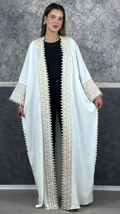Bisht kleine Blume, weiß, mit Stickerei in Gold/Silber, Ramadan Abaya, Kaftan Frauen, Hennakleid, Kimono (etsy image id: 7675975364)