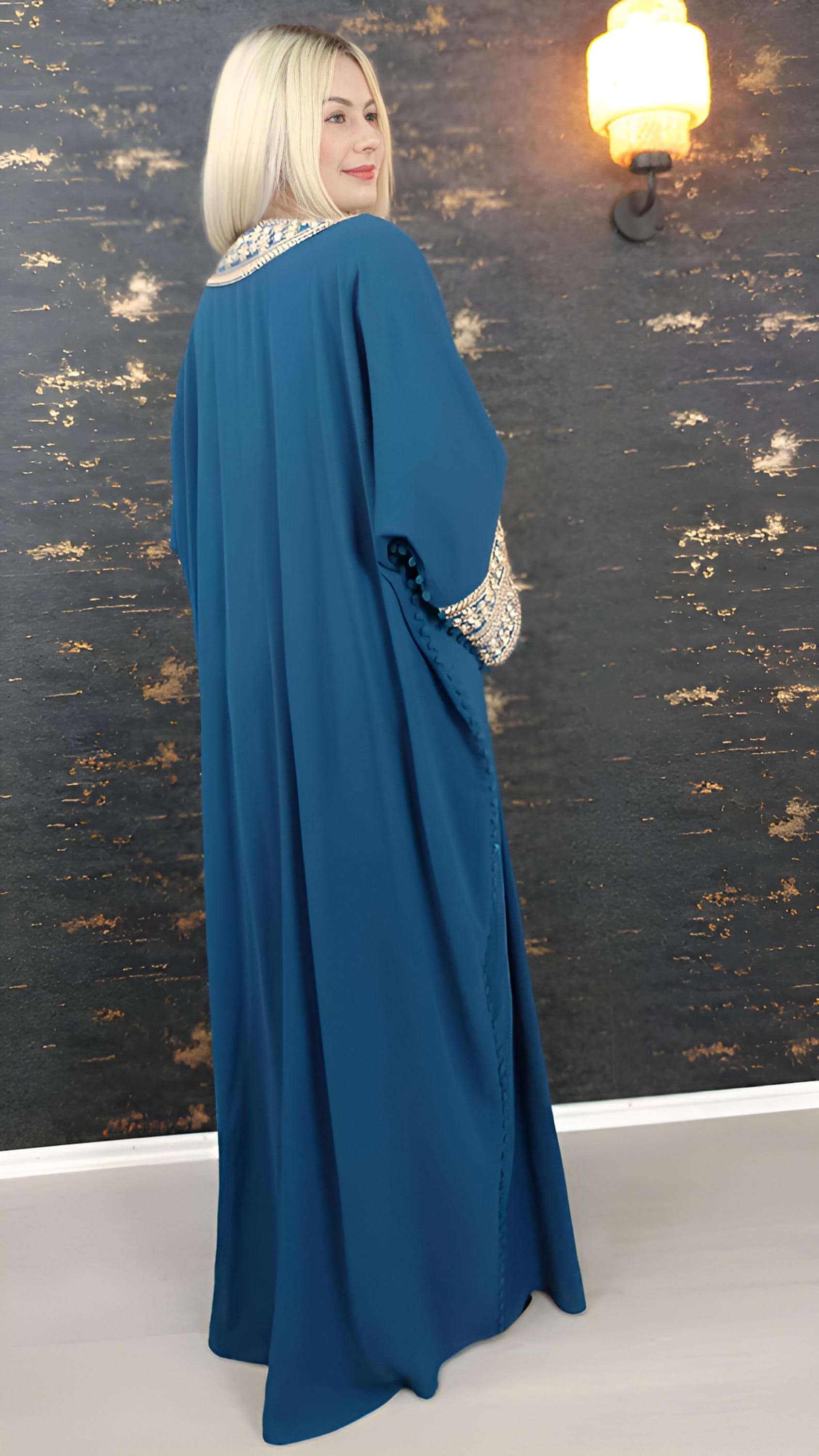 Bisht kleine Blume, Petrol, mit Stickerei in Gold/Silber, Ramadan Abaya, Kaftan Frauen, Hennakleid, Kimono __etsy:7679380058