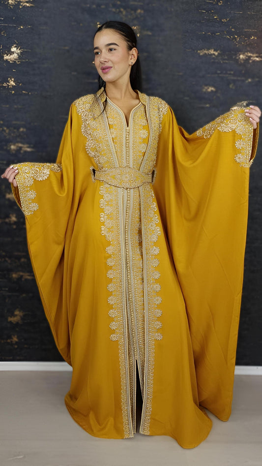 Kaftan Jasmin mit Abaya, gelb, Butterfly Ärmel, Gold Stickerei, Verlobung, arabischer Kaftan, Jalabiya, Hennakleid, Festkleid, Takshita (etsy image id: 7692650284)
