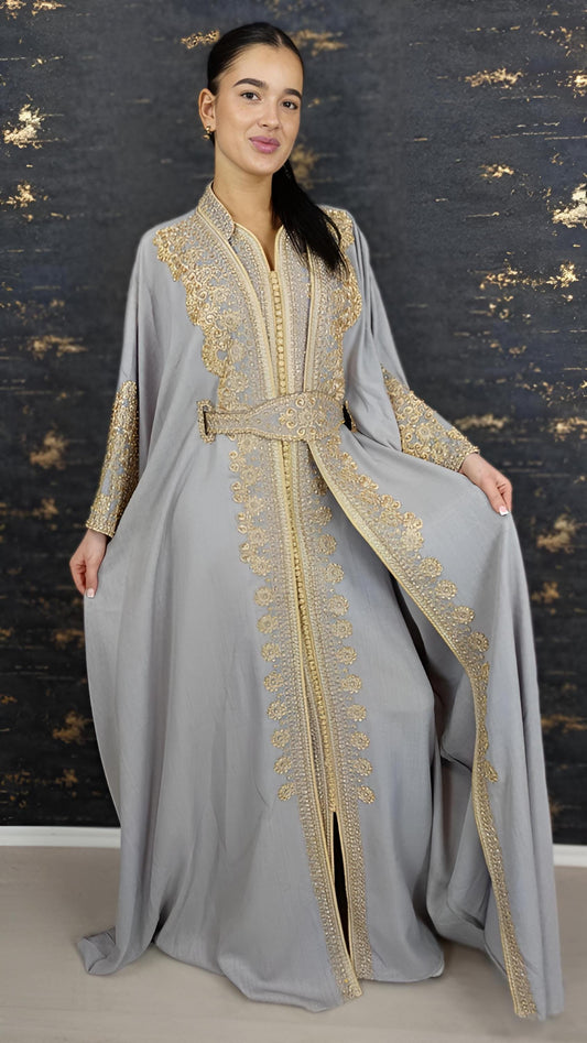 Kaftan Jasmin mit Abaya, silbergrau, Butterfly Ärmel, Gold Stickerei, Verlobung, arabischer Kaftan, Jalabiya, Hennakleid, Festkleid,Takshita __etsy:7692678730