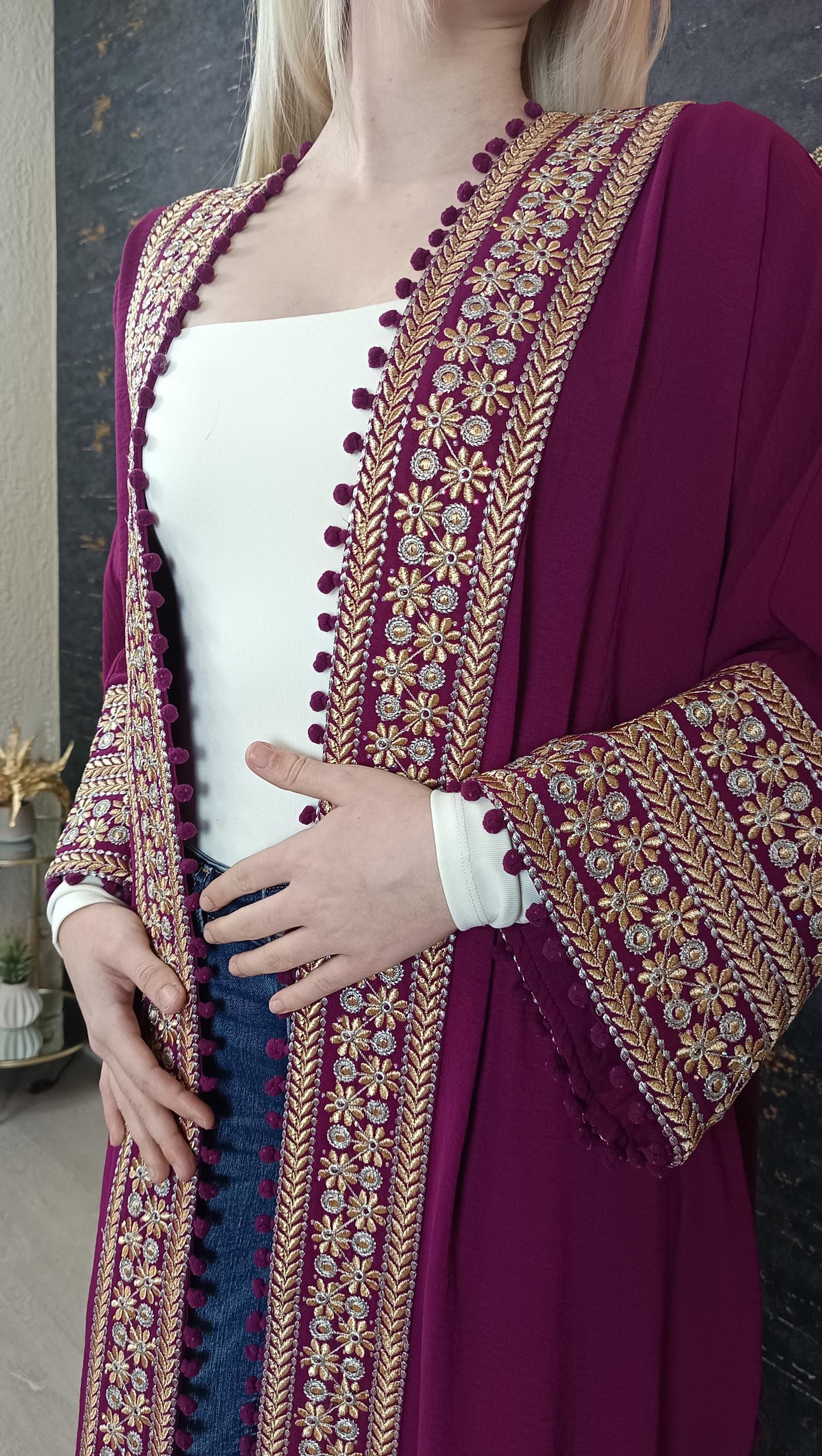 Bisht kleine Blume, Magenta, mit Stickerei in Gold/Silber, Ramadan Abaya, Kaftan Frauen, Hennakleid, Kimono __etsy:7698498759