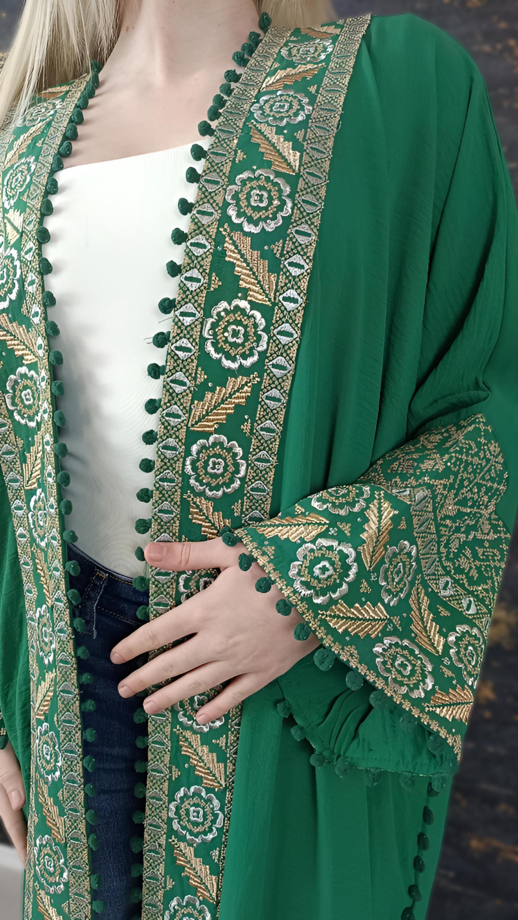 Bisht große Blume, grün, mit Stickerei in Gold/Silber, Ramadan Abaya, Kaftan Frauen, Hennakleid, Kimono __etsy:7719684011