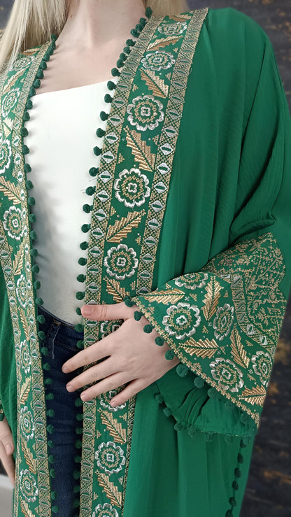 Bisht große Blume, grün, mit Stickerei in Gold/Silber, Ramadan Abaya, Kaftan Frauen, Hennakleid, Kimono __etsy:7719684011