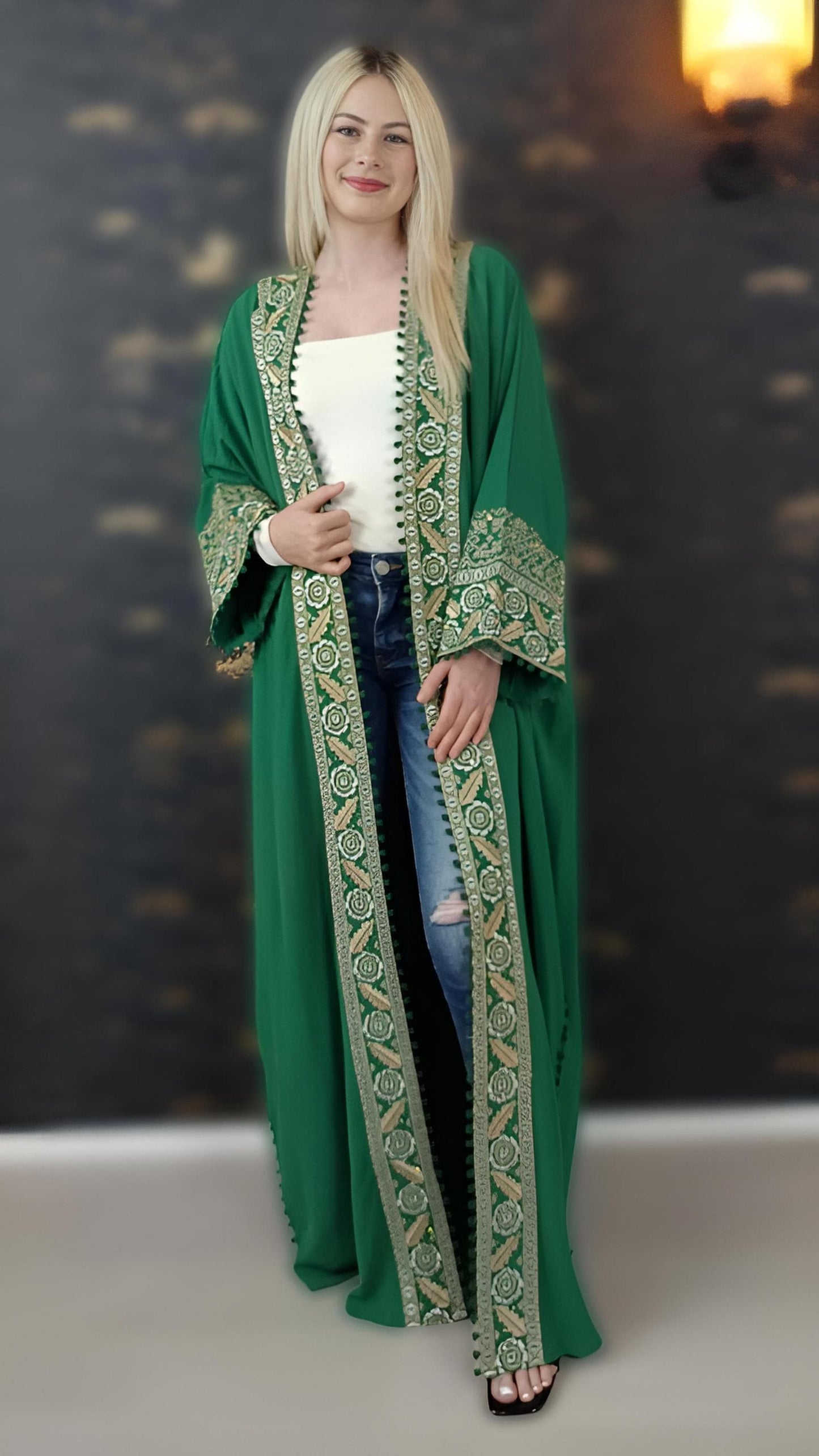 Bisht große Blume, grün, mit Stickerei in Gold/Silber, Ramadan Abaya, Kaftan Frauen, Hennakleid, Kimono __etsy:7719684137