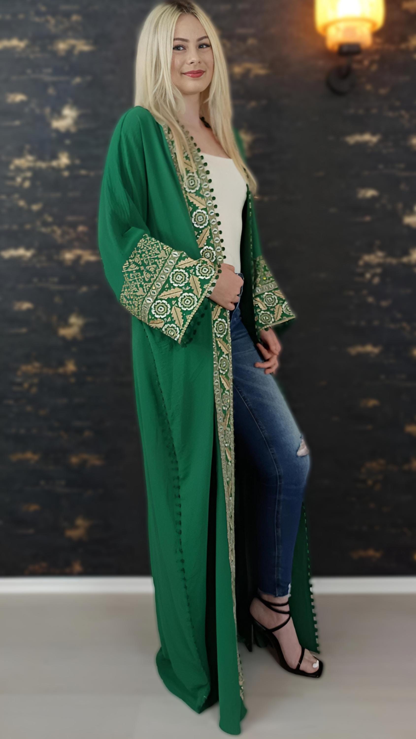 Bisht große Blume, grün, mit Stickerei in Gold/Silber, Ramadan Abaya, Kaftan Frauen, Hennakleid, Kimono __etsy:7719684475