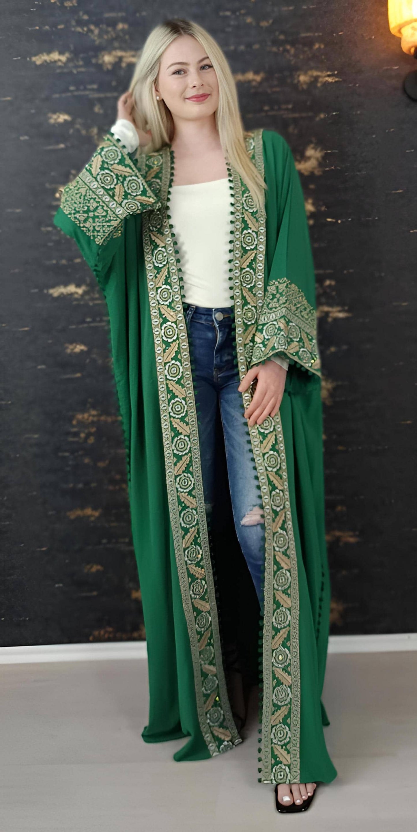Bisht große Blume, grün, mit Stickerei in Gold/Silber, Ramadan Abaya, Kaftan Frauen, Hennakleid, Kimono __etsy:7719689557