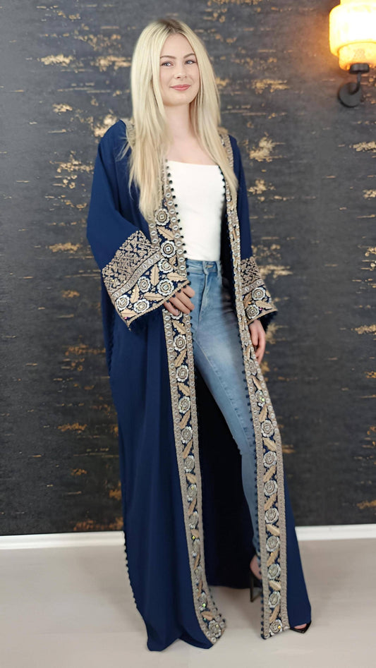 Bisht große Blume, dunkelblau, mit Stickerei in Gold/Silber, Ramadan Abaya, Kaftan Frauen, Hennakleid, Kimono (etsy image id: 7719697975)