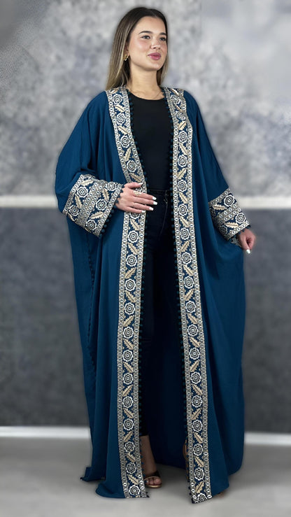 Bisht große Blume, petrol, mit Stickerei in Gold/Silber, Ramadan Abaya, Kaftan Frauen, Hennakleid, Kimono __etsy:7719839659