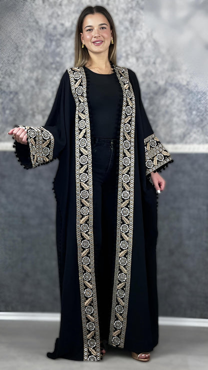 Bisht große Blume, schwarz, mit Stickerei in Gold/Silber, Ramadan Abaya, Kaftan Frauen, Hennakleid, Kimono (etsy image id: 7723715115)