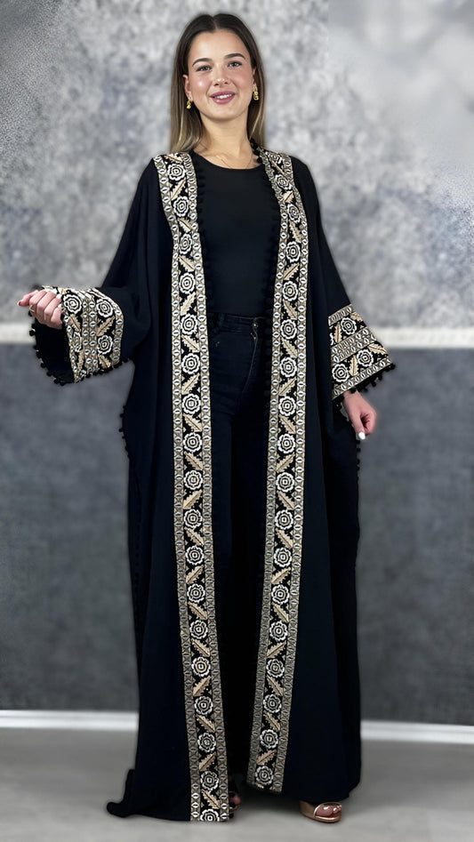 Bisht große Blume, schwarz, mit Stickerei in Gold/Silber, Ramadan Abaya, Kaftan Frauen, Hennakleid, Kimono (etsy image id: 7723715115)