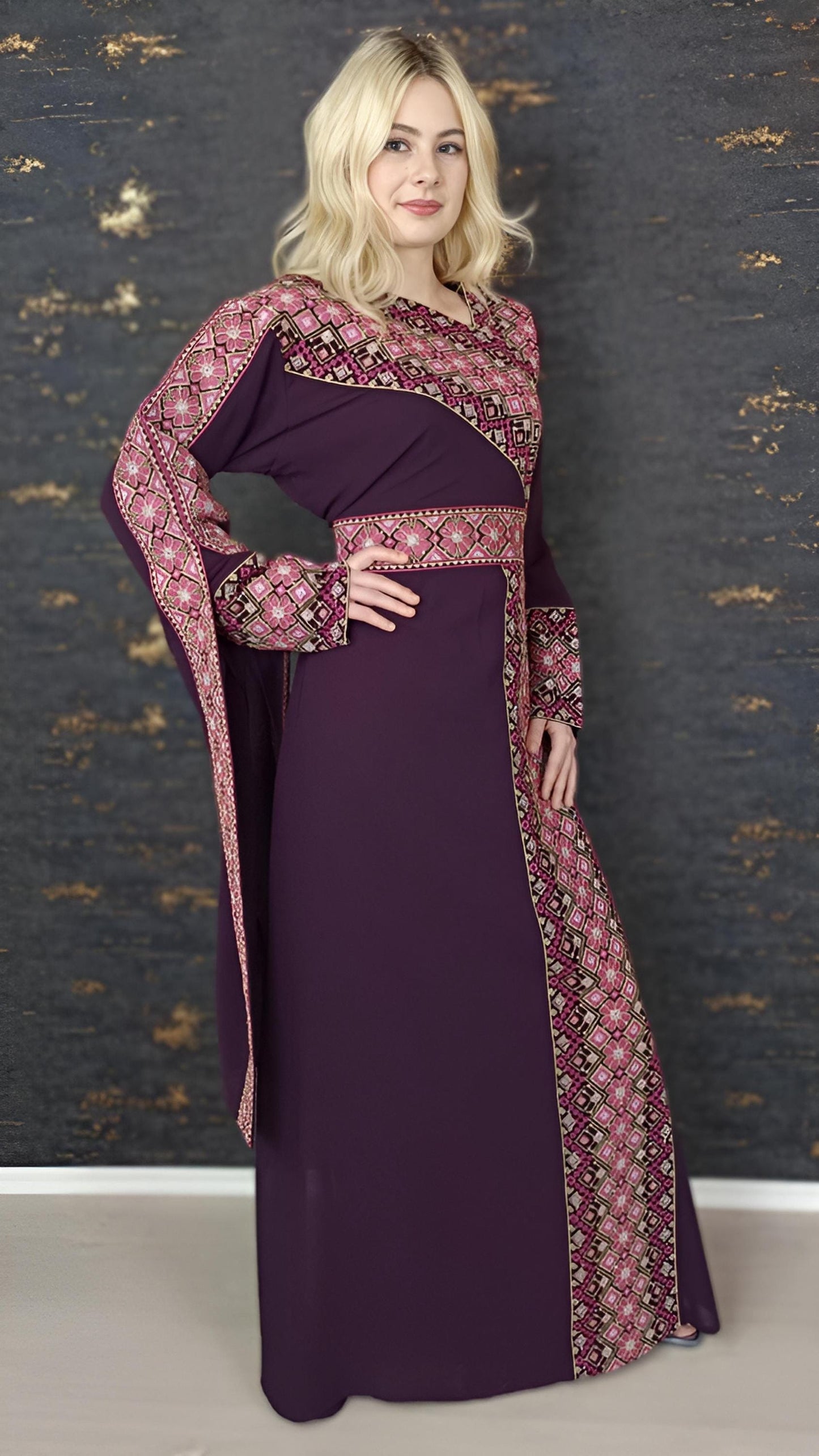 Kaftan Schaza mit Gürtel, aubergine, asymmetrischer Halsausschnitt, unterschiedliche Armlängen, bunte Stickerei, Kleid für besondere Anlässe (etsy image id: 7725931162)