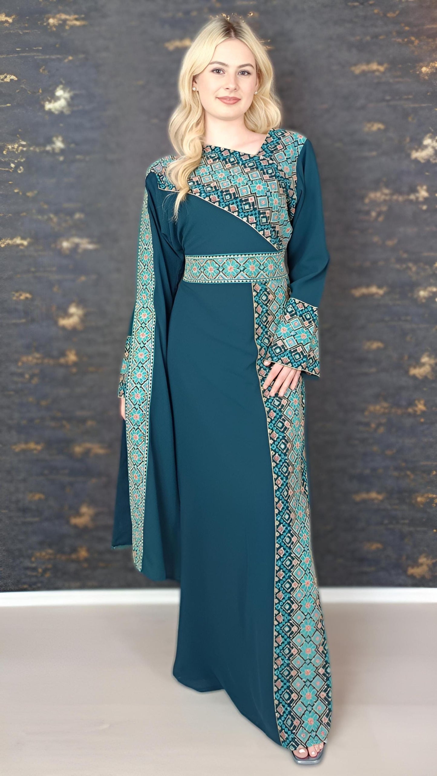 Kaftan Schaza mit Gürtel, petrol, asymmetrischer Halsausschnitt, unterschiedliche Armlängen, bunte Stickerei, Kleid für besondere Anlässe (etsy image id: 7725976216)