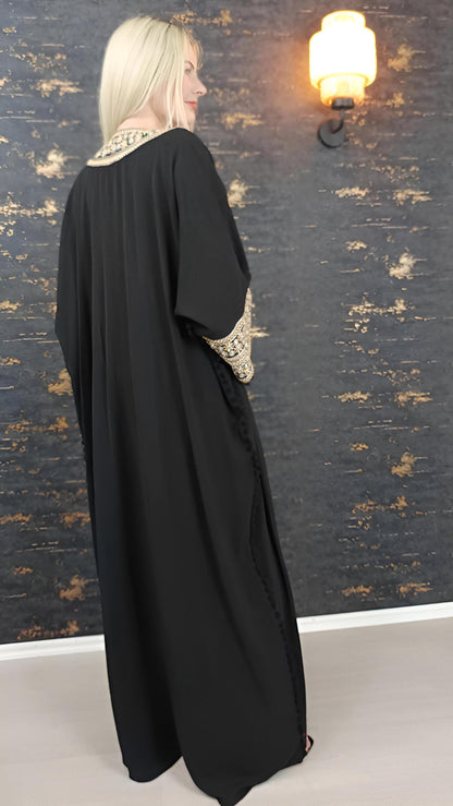 Bisht kleine Blume, Schwarz, mit Stickerei in Gold/Silber, Ramadan Abaya, Kaftan Frauen, Hennakleid, Kimono (etsy image id: 7727316949)