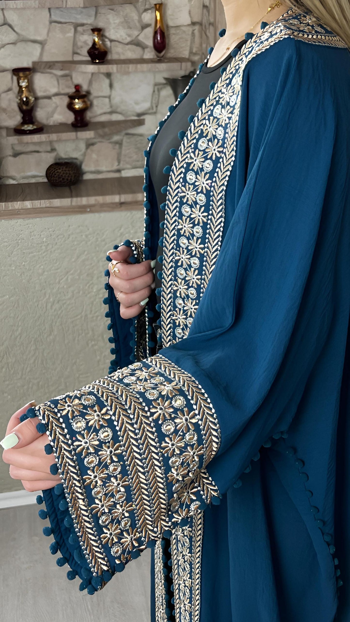 Bisht kleine Blume, Petrol, mit Stickerei in Gold/Silber, Ramadan Abaya, Kaftan Frauen, Hennakleid, Kimono __etsy:7727323475
