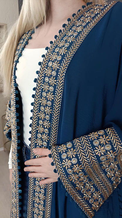 Bisht kleine Blume, Petrol, mit Stickerei in Gold/Silber, Ramadan Abaya, Kaftan Frauen, Hennakleid, Kimono __etsy:7727323517