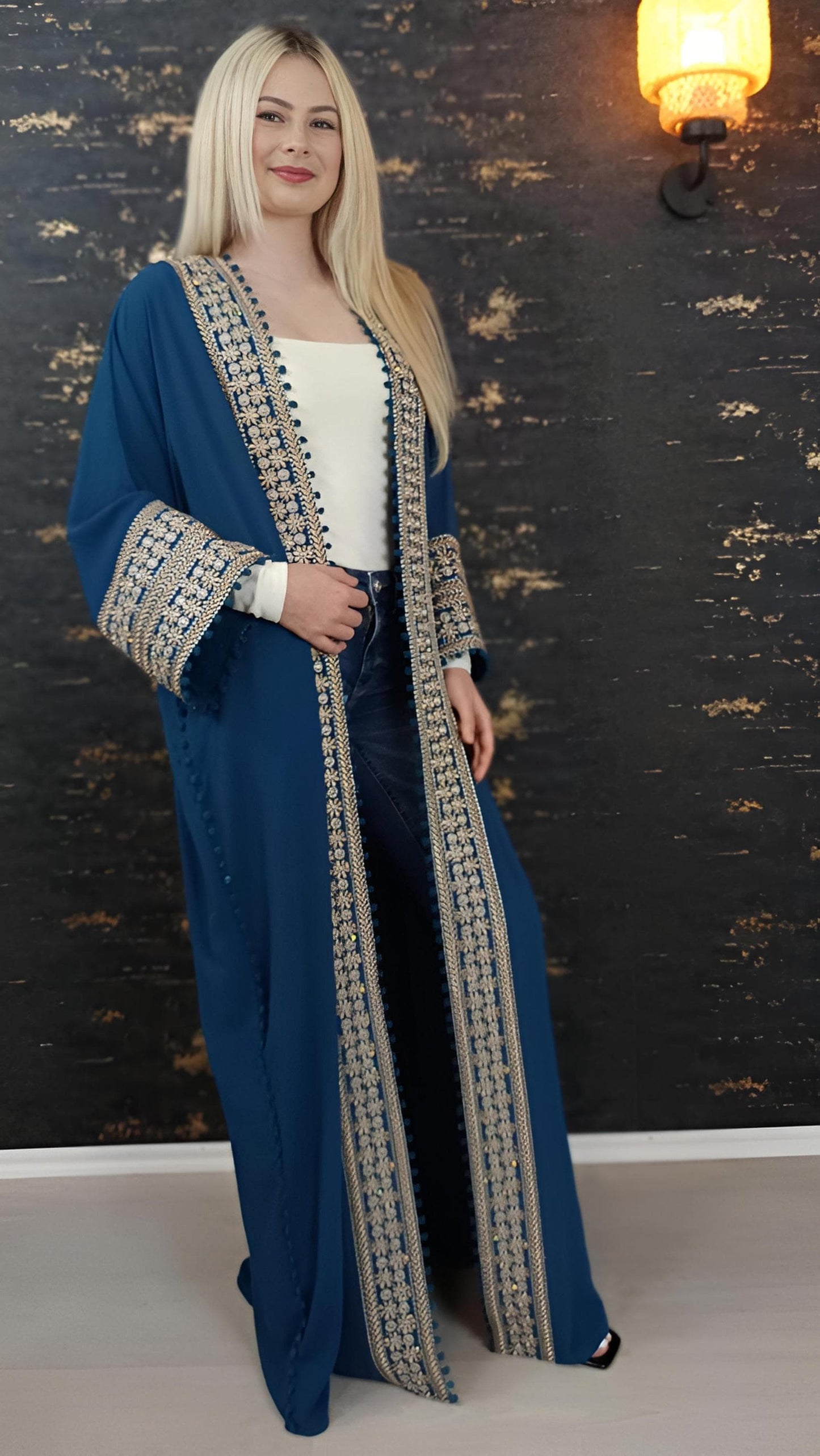 Bisht kleine Blume, Petrol, mit Stickerei in Gold/Silber, Ramadan Abaya, Kaftan Frauen, Hennakleid, Kimono __etsy:7727325535