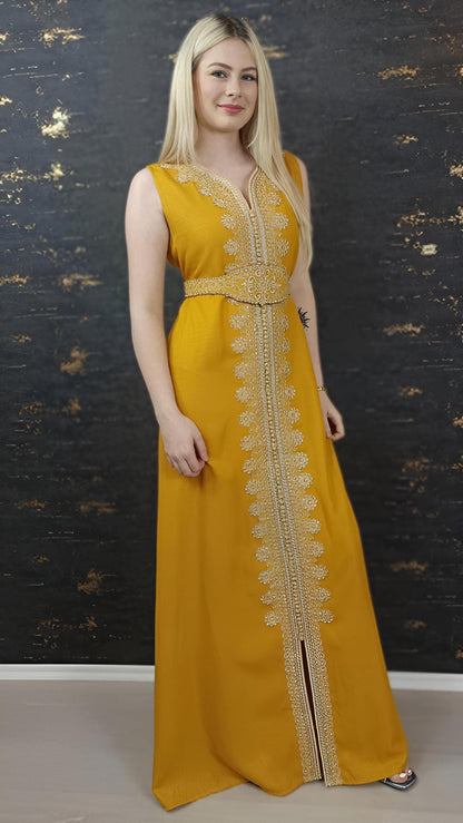 Kaftan Jasmin mit Abaya, gelb, Butterfly Ärmel, Gold Stickerei, Verlobung, arabischer Kaftan, Jalabiya, Hennakleid, Festkleid, Takshita (etsy image id: 7740594361)