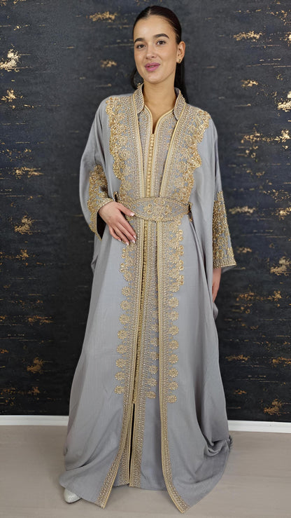 Kaftan Jasmin mit Abaya, silbergrau, Butterfly Ärmel, Gold Stickerei, Verlobung, arabischer Kaftan, Jalabiya, Hennakleid, Festkleid,Takshita __etsy:7740623327