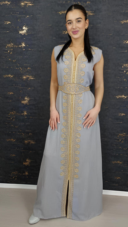 Kaftan Jasmin mit Abaya, silbergrau, Butterfly Ärmel, Gold Stickerei, Verlobung, arabischer Kaftan, Jalabiya, Hennakleid, Festkleid,Takshita __etsy:7740623457