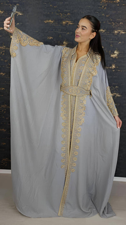 Kaftan Jasmin mit Abaya, silbergrau, Butterfly Ärmel, Gold Stickerei, Verlobung, arabischer Kaftan, Jalabiya, Hennakleid, Festkleid,Takshita __etsy:7740623461