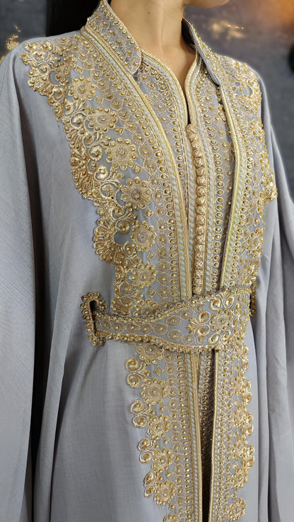 Kaftan Jasmin mit Abaya, silbergrau, Butterfly Ärmel, Gold Stickerei, Verlobung, arabischer Kaftan, Jalabiya, Hennakleid, Festkleid,Takshita __etsy:7740623491