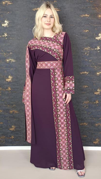 Kaftan Schaza mit Gürtel, aubergine, asymmetrischer Halsausschnitt, unterschiedliche Armlängen, bunte Stickerei, Kleid für besondere Anlässe (etsy image id: 7773878085)